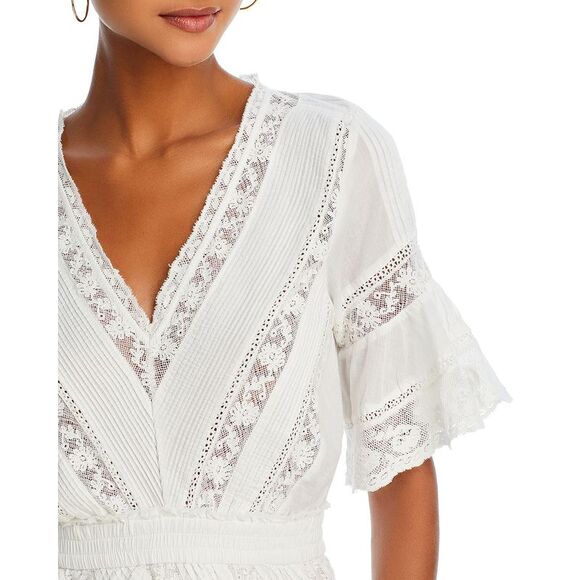 LoveShackFancy Womens Calamina Lace Trim Mini Dress Large Bright White NWT  $425